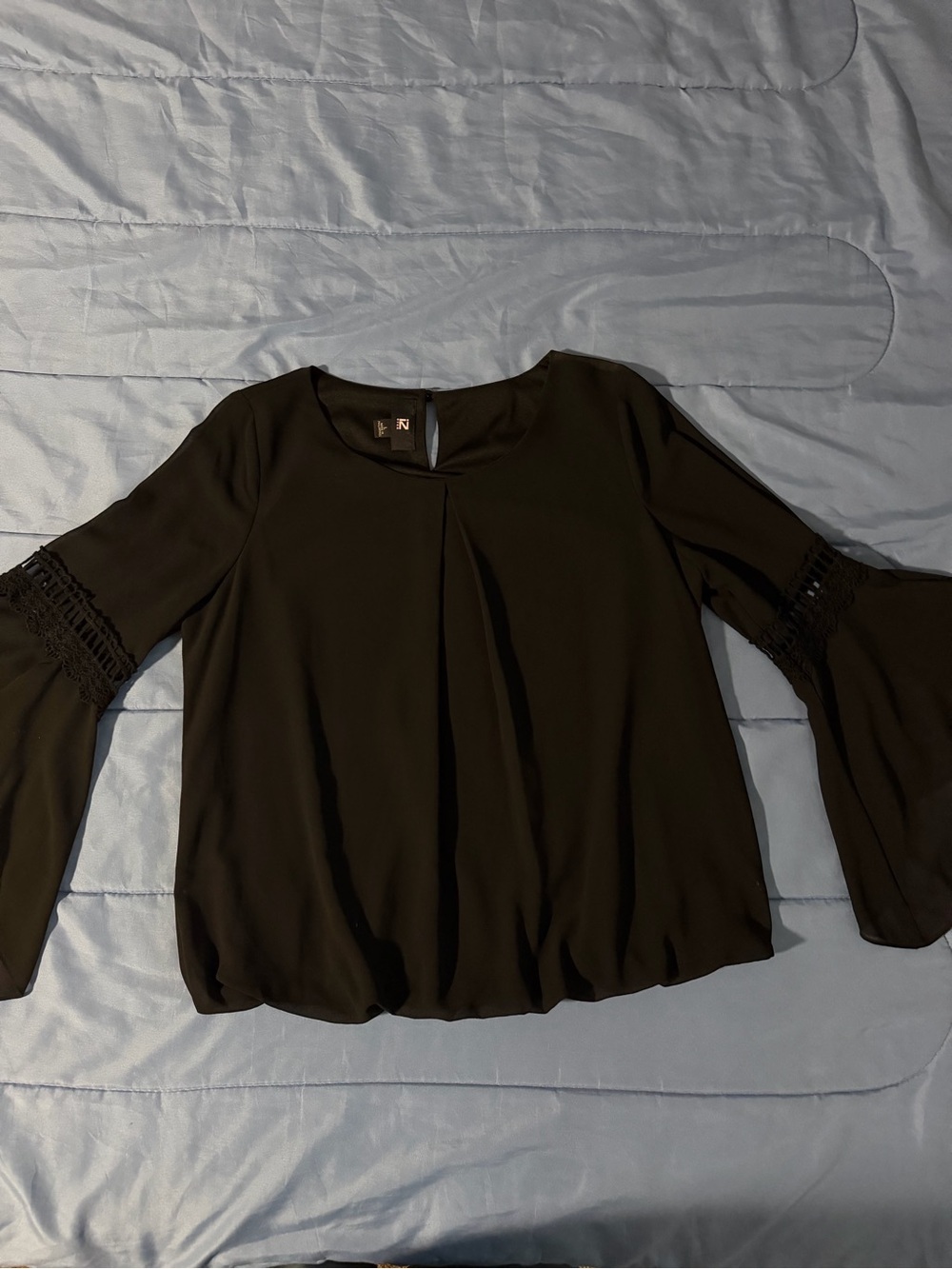 Black Bell-Sleeve Blouse with Crochet Trim - Unbranded